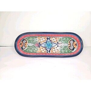 Talavera Mexican Folk Art Pottery Oblong Hand Painted Fruit Tray Lead Free 13.5"